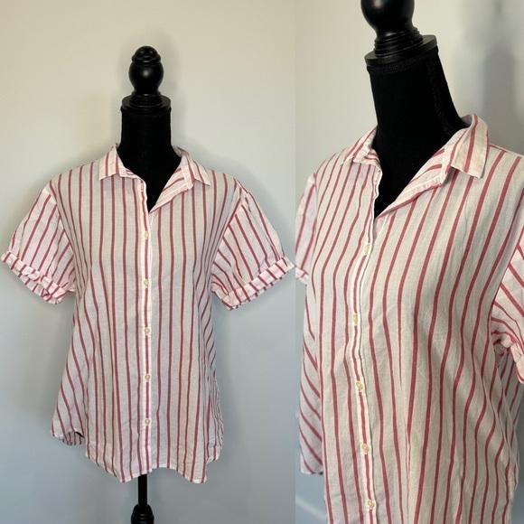 GAP Pink and White Striped Women's Short Sleeve Button Up (S) - Picture 2 of 8